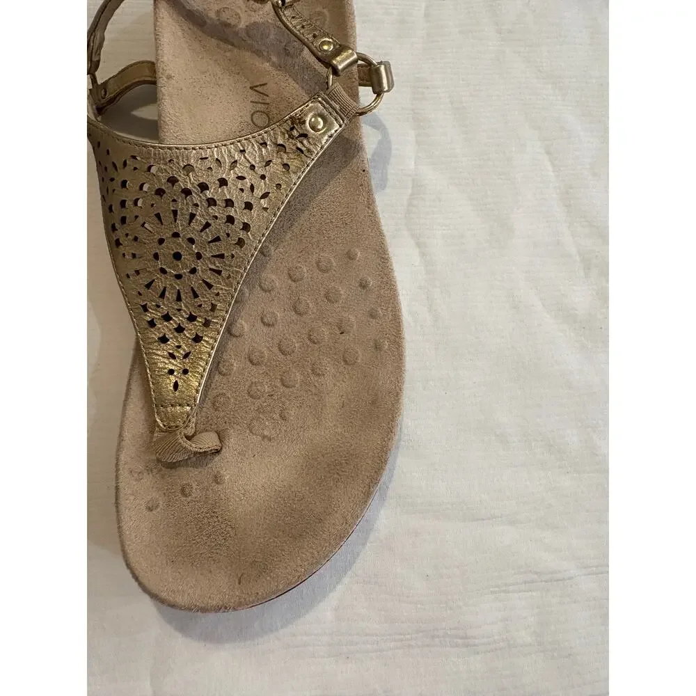 Vionic Kirra Sandals Gold Perforated Leather Thong Slingback Arch Support 10